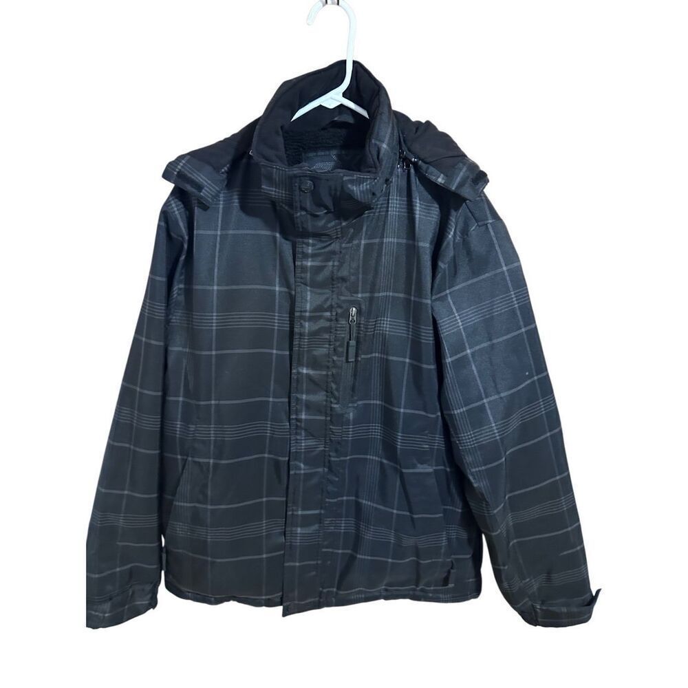 ZeroXposur Men's Size L Black/Gray Plaid Print Full Zip Winter Jacket Coat & Hoo
